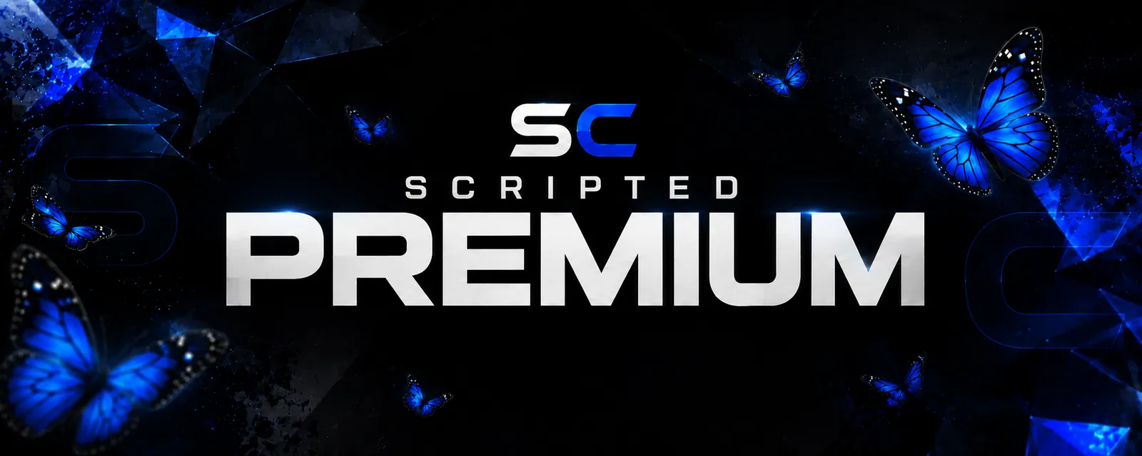 SCRIPTED PREMIUM artwork with the SC mark and blue butterflies